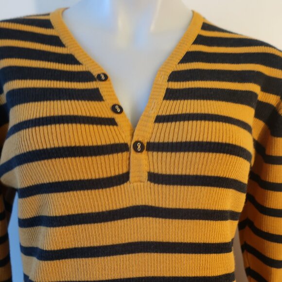 Womens Tween Mustard Yellow Black Brown Wool Blend V-Neck Striped Sweater M - Picture 3 of 8